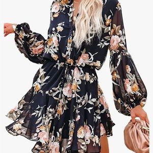 Anloli Womens Button Down Floral Print Lantern Long Sleeve Tie Waist Dresses